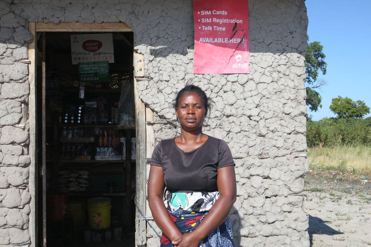 Pumulo Akombelwa standing outside her grocery store Pumulo Akombelwa standing outside her grocery store
