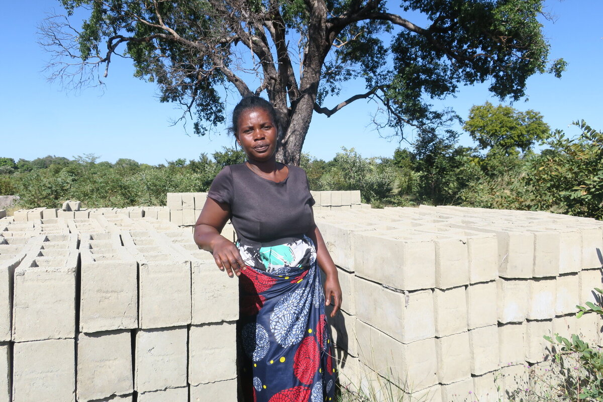 Pumulo Akombelwa showing us the blocks she wants to use to build a permanent structure Pumulo Akombelwa showing us the blocks she wants to use to build a permanent structure